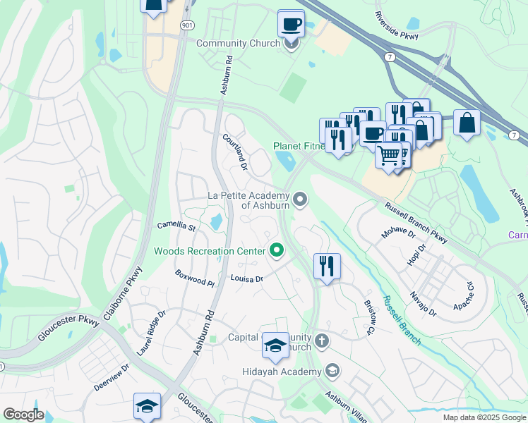 map of restaurants, bars, coffee shops, grocery stores, and more near 44043 Ferncliff Terrace in Ashburn