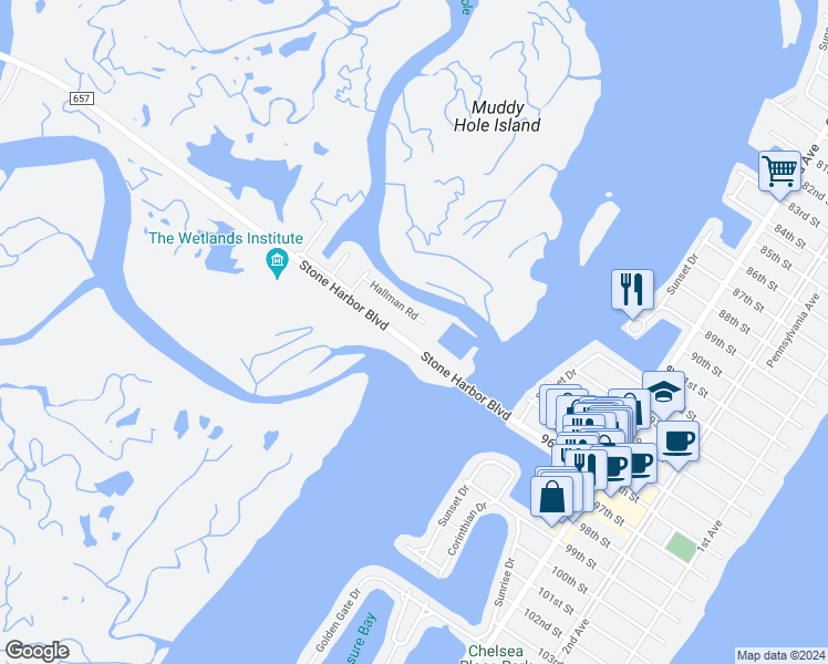 map of restaurants, bars, coffee shops, grocery stores, and more near 1116 Stone Harbor Boulevard in Stone Harbor