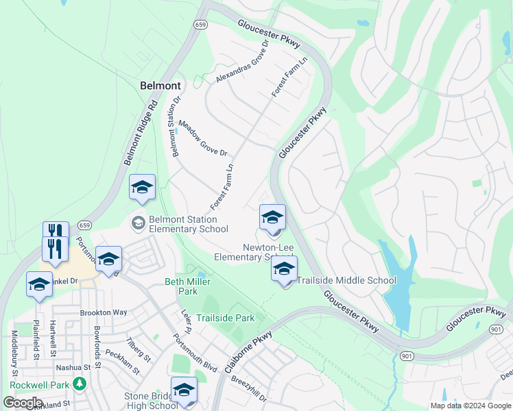 map of restaurants, bars, coffee shops, grocery stores, and more near 43270 Morven Square in Ashburn