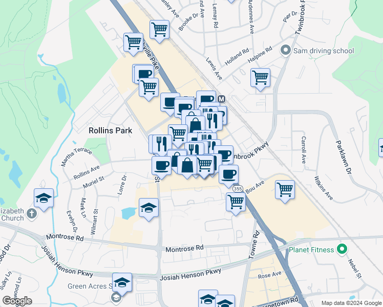 map of restaurants, bars, coffee shops, grocery stores, and more near 131 Rollins Avenue in Rockville