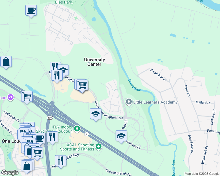 map of restaurants, bars, coffee shops, grocery stores, and more near 45020 University Drive in Ashburn