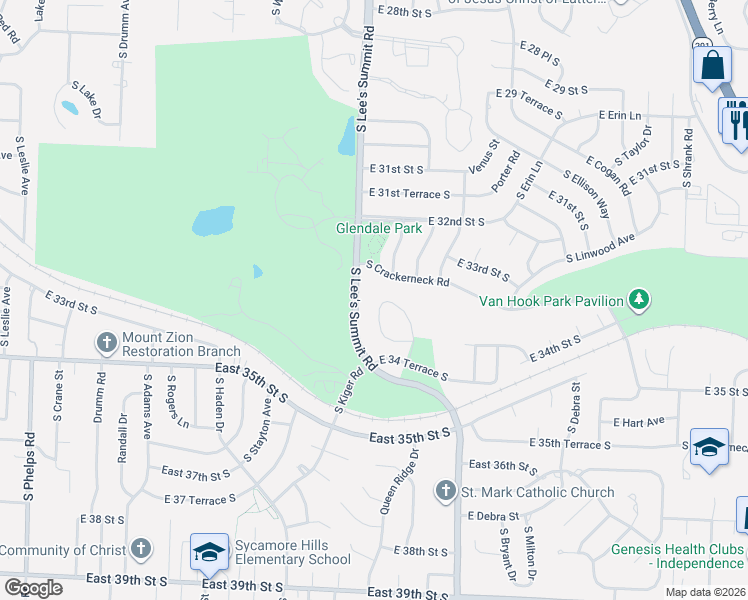 map of restaurants, bars, coffee shops, grocery stores, and more near 3301 South Trail Ridge Drive in Independence