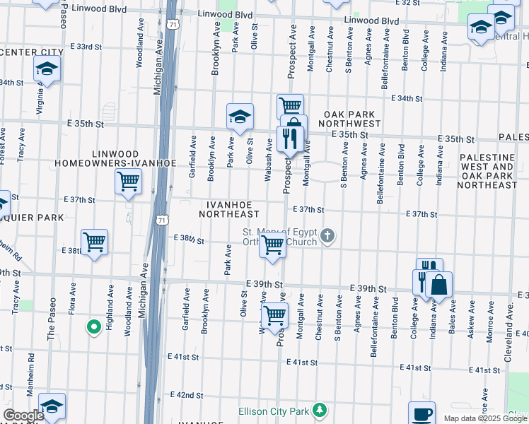 map of restaurants, bars, coffee shops, grocery stores, and more near 3723 Wabash Avenue in Kansas City