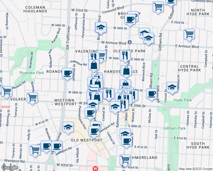 map of restaurants, bars, coffee shops, grocery stores, and more near 3744 Wyandotte Street in Kansas City