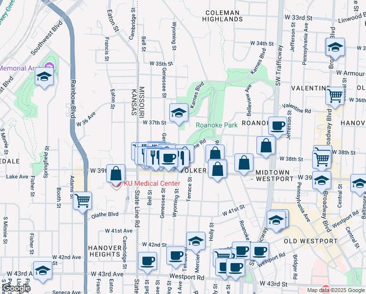 map of restaurants, bars, coffee shops, grocery stores, and more near 3801 Wyoming Street in Kansas City