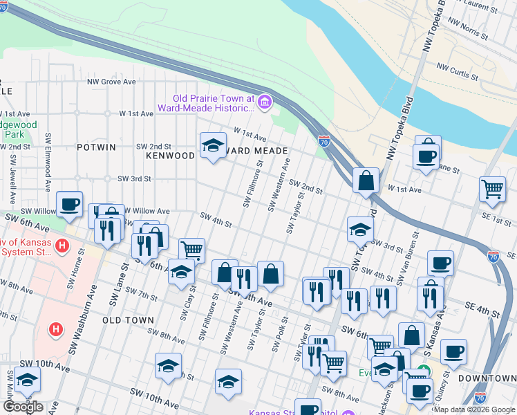 map of restaurants, bars, coffee shops, grocery stores, and more near in Topeka