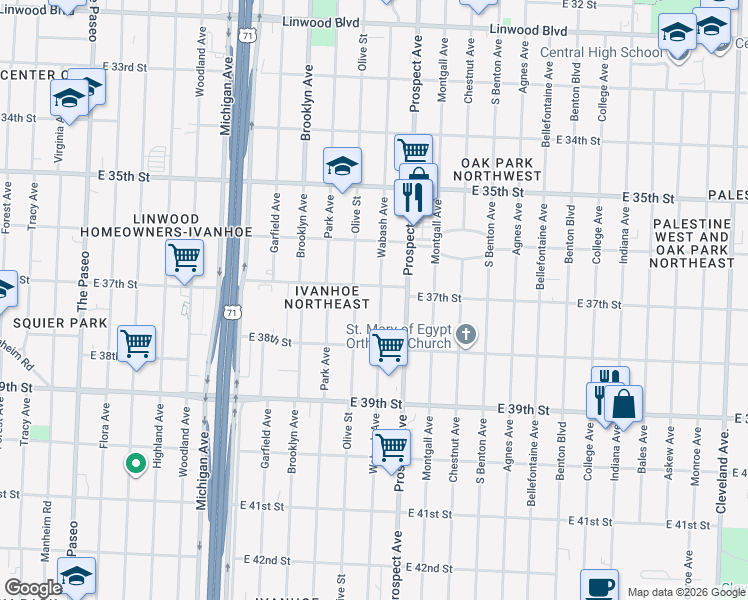 map of restaurants, bars, coffee shops, grocery stores, and more near 3725 Olive Street in Kansas City