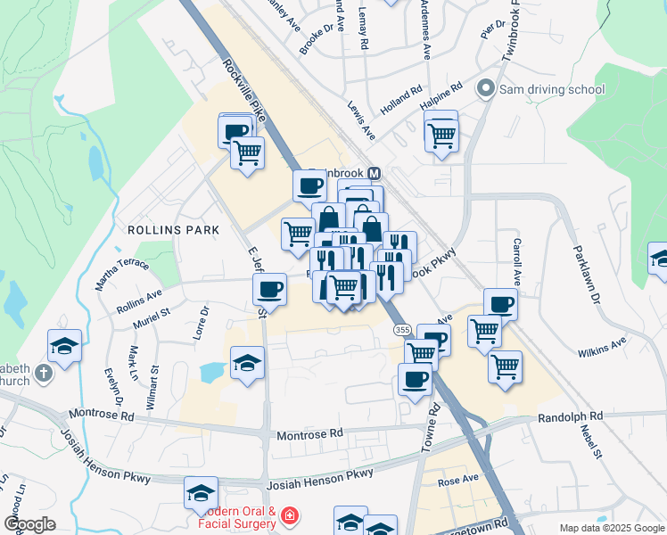 map of restaurants, bars, coffee shops, grocery stores, and more near 131 Rollins Avenue in Rockville
