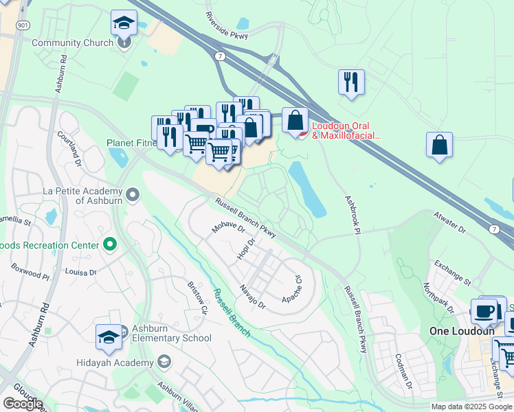 map of restaurants, bars, coffee shops, grocery stores, and more near 44274 Meandering Terrace in Ashburn