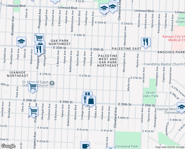 map of restaurants, bars, coffee shops, grocery stores, and more near 3704 Bales Avenue in Kansas City