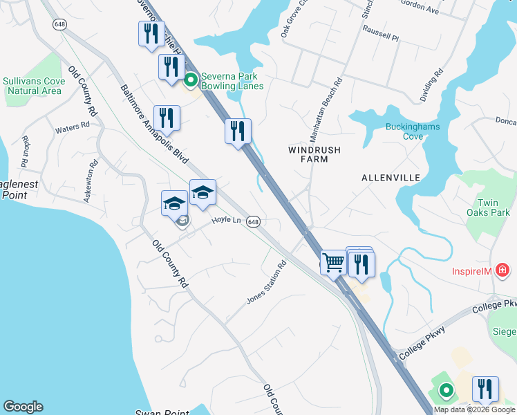 map of restaurants, bars, coffee shops, grocery stores, and more near 36 Hoyle Lane in Severna Park