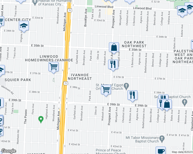 map of restaurants, bars, coffee shops, grocery stores, and more near 3710 Olive Street in Kansas City