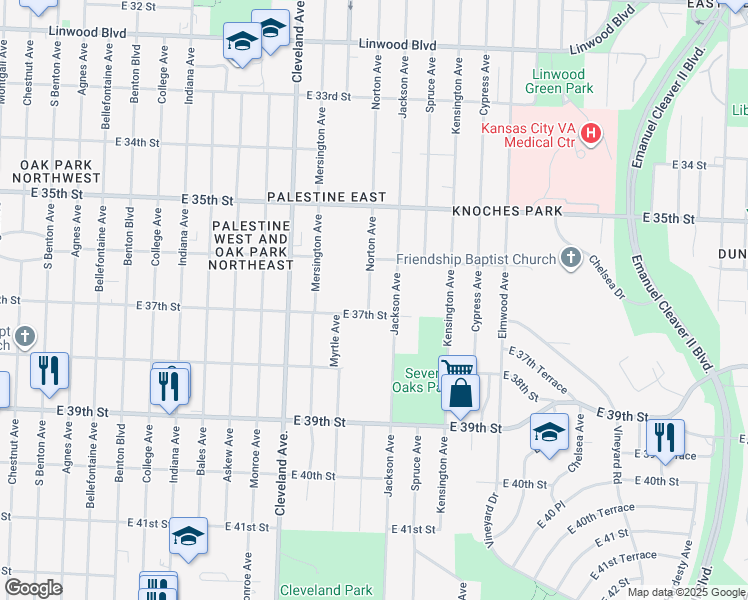 map of restaurants, bars, coffee shops, grocery stores, and more near 3635 Norton Avenue in Kansas City