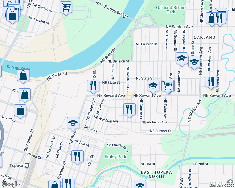 map of restaurants, bars, coffee shops, grocery stores, and more near 1311 Northeast Seward Avenue in Topeka