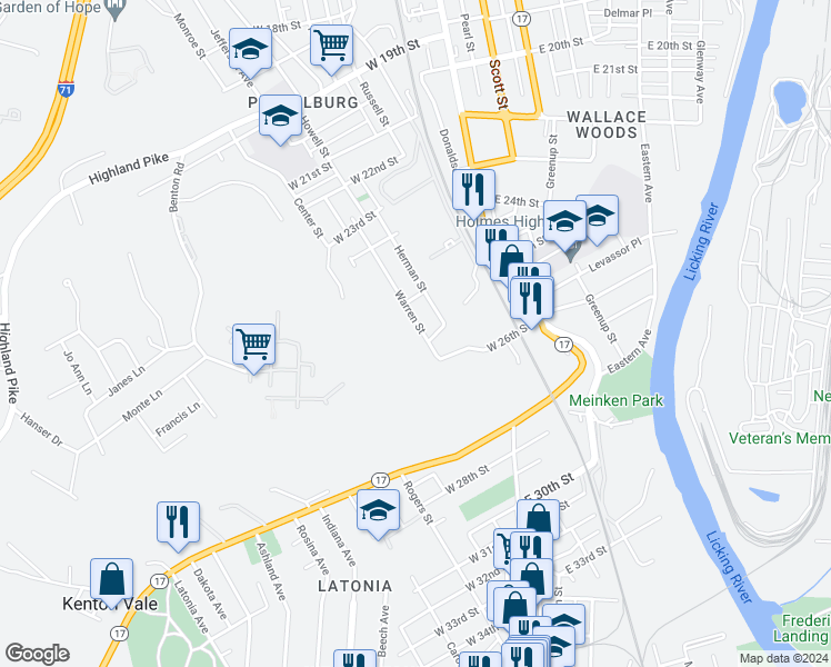 map of restaurants, bars, coffee shops, grocery stores, and more near 2525 Warren Street in Covington
