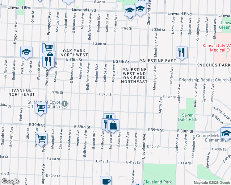 map of restaurants, bars, coffee shops, grocery stores, and more near 3704 Bales Avenue in Kansas City