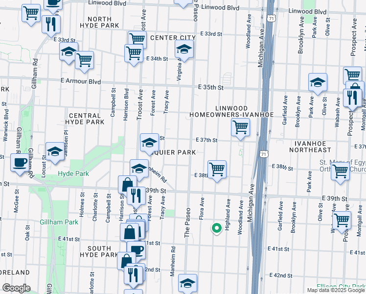 map of restaurants, bars, coffee shops, grocery stores, and more near 3722 The Paseo in Kansas City