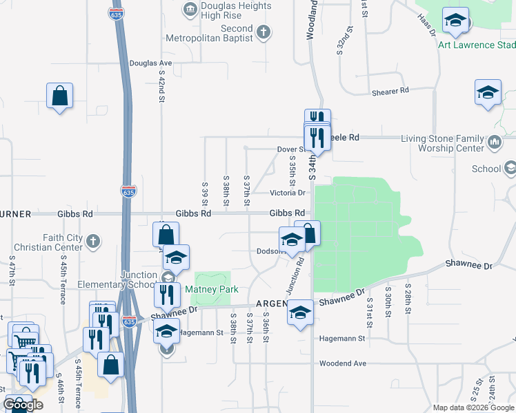 map of restaurants, bars, coffee shops, grocery stores, and more near 3621 Gibbs Road in Kansas City