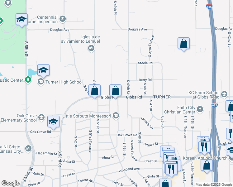map of restaurants, bars, coffee shops, grocery stores, and more near 4947 Gibbs Road in Kansas City