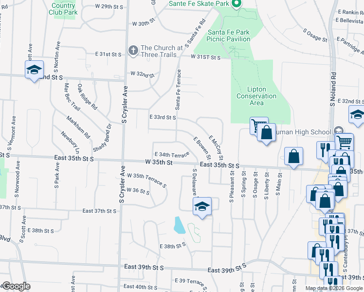 map of restaurants, bars, coffee shops, grocery stores, and more near 12606 East 34th Terrace in Independence