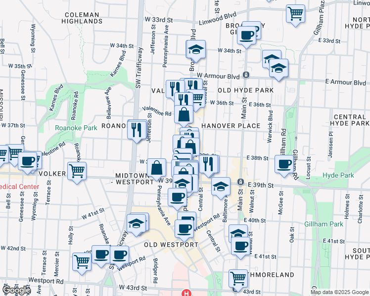 map of restaurants, bars, coffee shops, grocery stores, and more near 3782 Washington Street in Kansas City