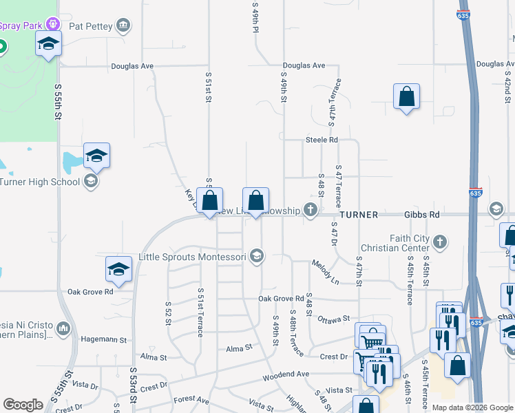 map of restaurants, bars, coffee shops, grocery stores, and more near 4947 Gibbs Road in Kansas City