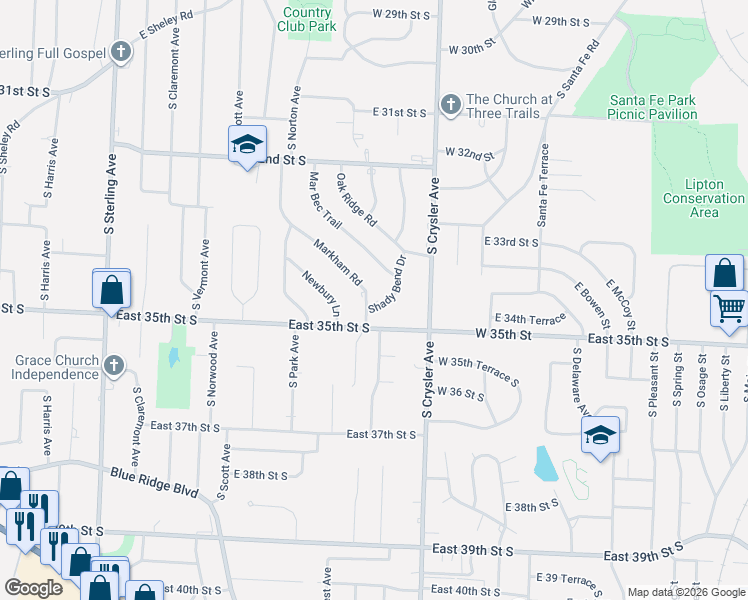 map of restaurants, bars, coffee shops, grocery stores, and more near 3497 Shady Bend Drive in Independence