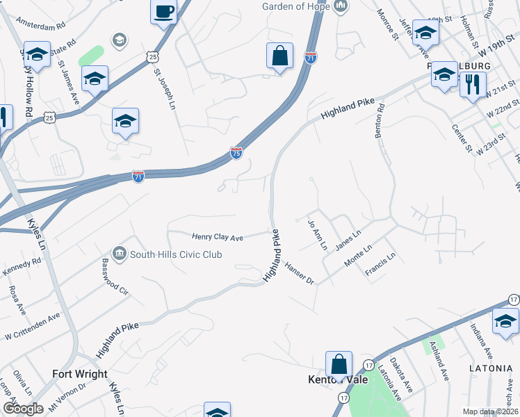 map of restaurants, bars, coffee shops, grocery stores, and more near 934 Highland Avenue in Covington