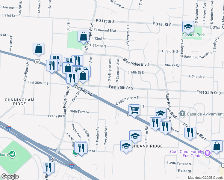 map of restaurants, bars, coffee shops, grocery stores, and more near 9701 East 35th Street South in Independence