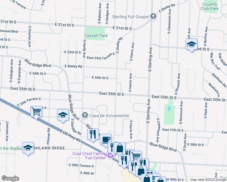 map of restaurants, bars, coffee shops, grocery stores, and more near 3504 South Northern Boulevard in Independence