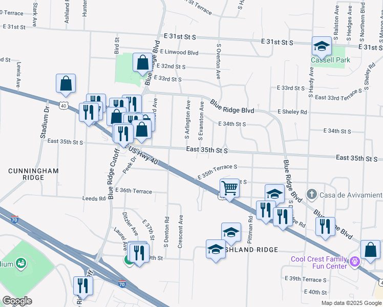 map of restaurants, bars, coffee shops, grocery stores, and more near 9701 East 35th Street South in Independence