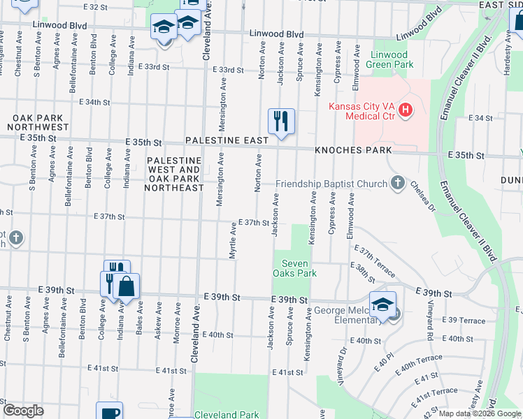 map of restaurants, bars, coffee shops, grocery stores, and more near 4105 East 37th Street in Kansas City