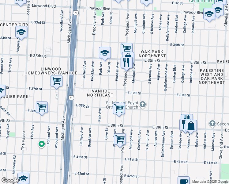 map of restaurants, bars, coffee shops, grocery stores, and more near 3725 Olive Street in Kansas City