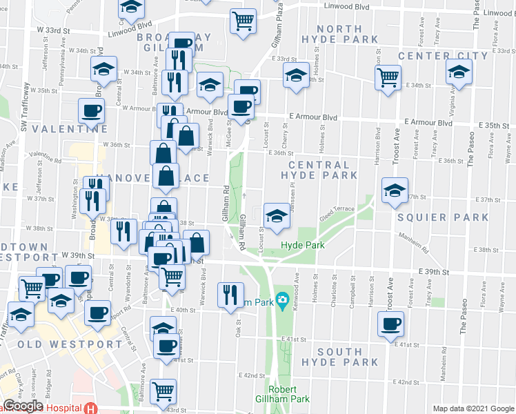 map of restaurants, bars, coffee shops, grocery stores, and more near 3745 Gillham Road in Kansas City