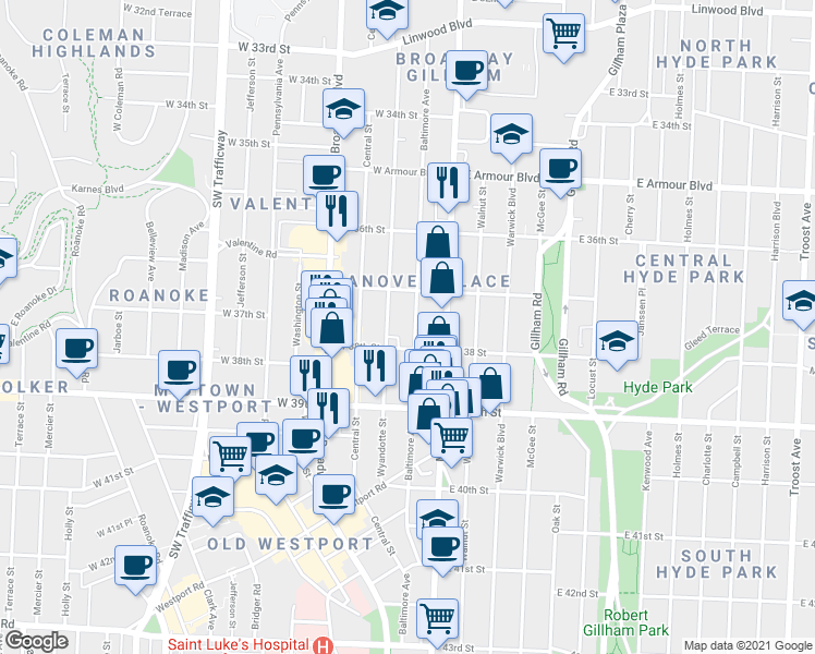 map of restaurants, bars, coffee shops, grocery stores, and more near 25 West 38th Street in Kansas City