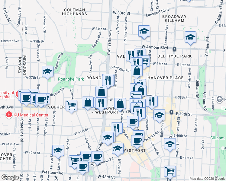 map of restaurants, bars, coffee shops, grocery stores, and more near 3724 Jefferson Street in Kansas City
