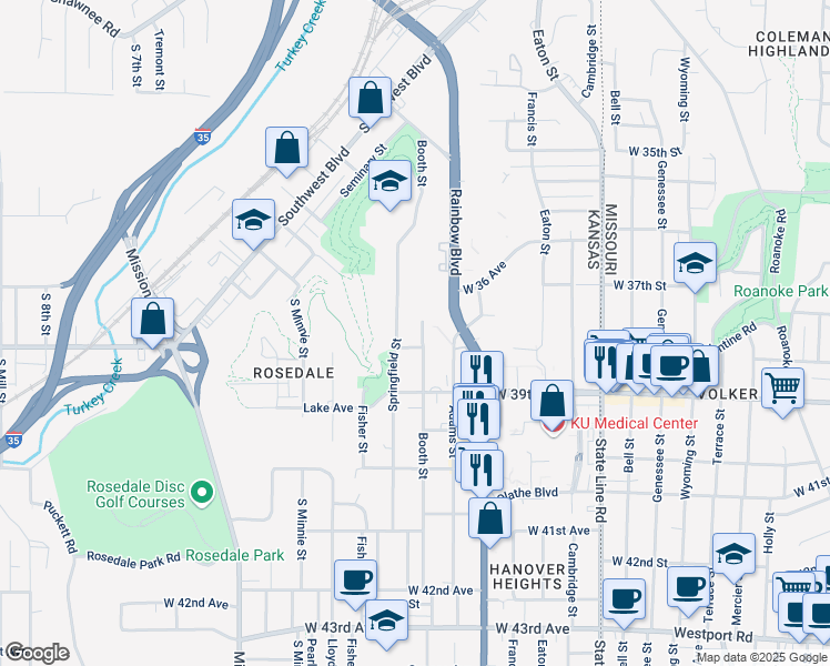 map of restaurants, bars, coffee shops, grocery stores, and more near 3805 Booth Street in Kansas City