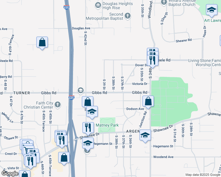 map of restaurants, bars, coffee shops, grocery stores, and more near 3805 Gibbs Road in Kansas City