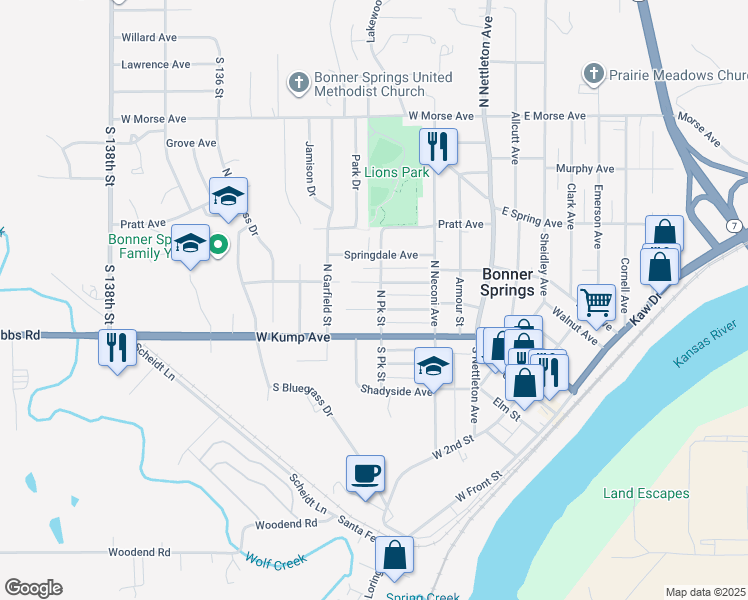 map of restaurants, bars, coffee shops, grocery stores, and more near 314 Highview Avenue in Bonner Springs