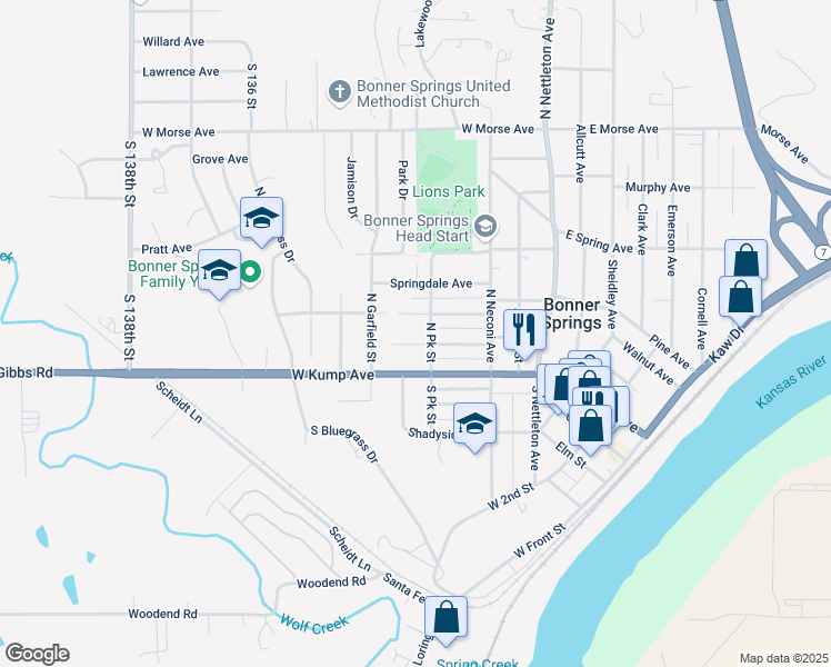 map of restaurants, bars, coffee shops, grocery stores, and more near 314 Highview Avenue in Bonner Springs