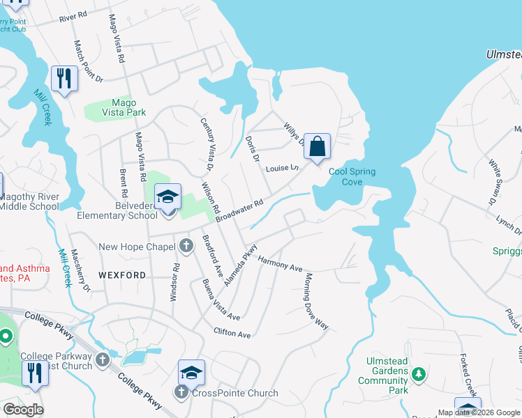 map of restaurants, bars, coffee shops, grocery stores, and more near 427 Broadwater Road in Arnold