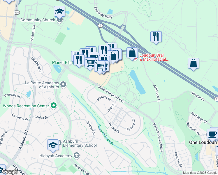 map of restaurants, bars, coffee shops, grocery stores, and more near 44251 Meandering Terrace in Ashburn