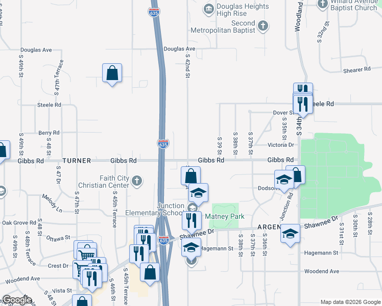 map of restaurants, bars, coffee shops, grocery stores, and more near 2400 South 42nd Street in Kansas City