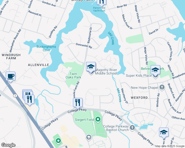 map of restaurants, bars, coffee shops, grocery stores, and more near 241 Peninsula Farm Road in Arnold