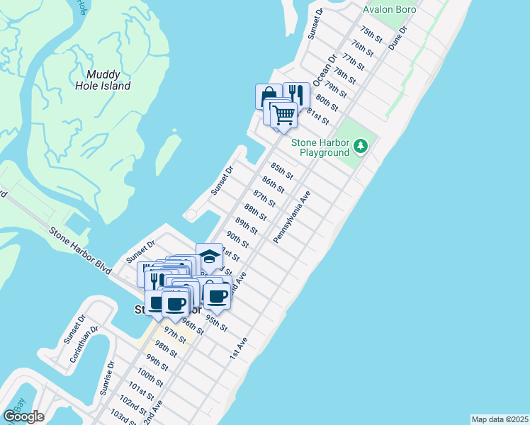 map of restaurants, bars, coffee shops, grocery stores, and more near 244 89th Street in Stone Harbor