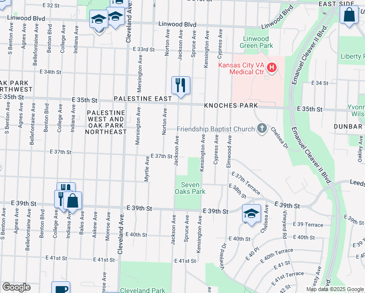 map of restaurants, bars, coffee shops, grocery stores, and more near 3635 Jackson Avenue in Kansas City
