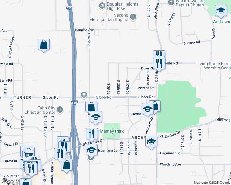 map of restaurants, bars, coffee shops, grocery stores, and more near 3805 Gibbs Road in Kansas City