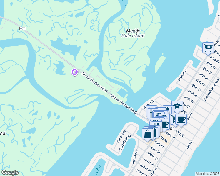 map of restaurants, bars, coffee shops, grocery stores, and more near 1116 Stone Harbor Boulevard in Stone Harbor
