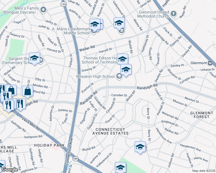 map of restaurants, bars, coffee shops, grocery stores, and more near 12401 Dalewood Drive in Silver Spring