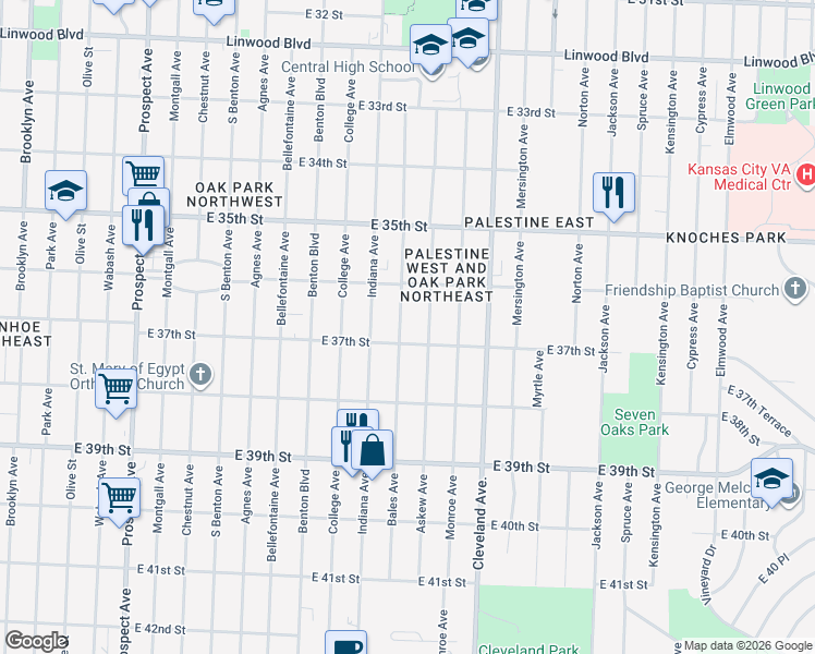 map of restaurants, bars, coffee shops, grocery stores, and more near 3704 Askew Avenue in Kansas City